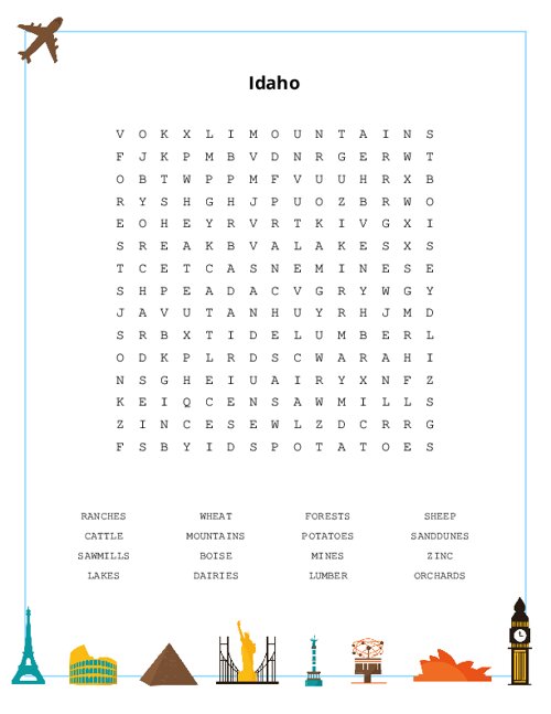 Idaho Word Search Puzzle