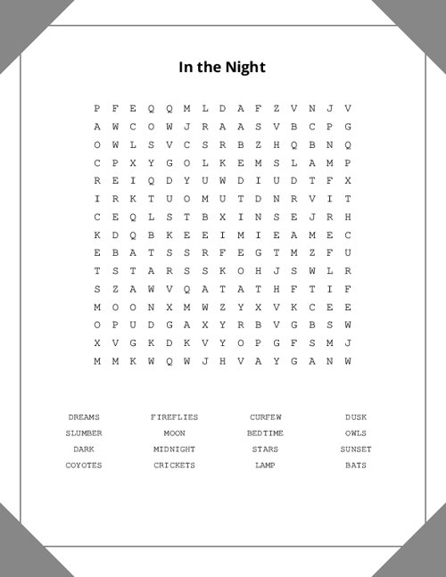 In the Night Word Search Puzzle