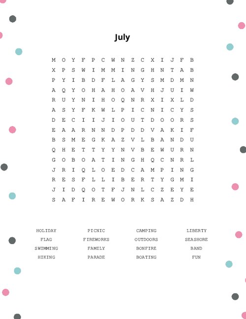 July Word Search Puzzle