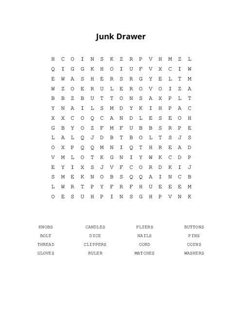 Junk Drawer Word Search Puzzle