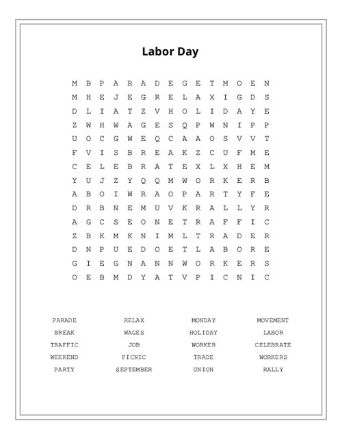 Labor Day Word Search Puzzle