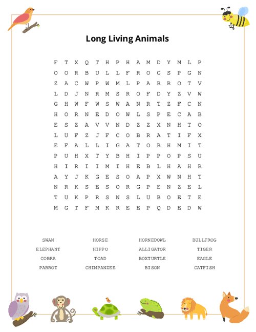 Long Living Animals Word Search Puzzle