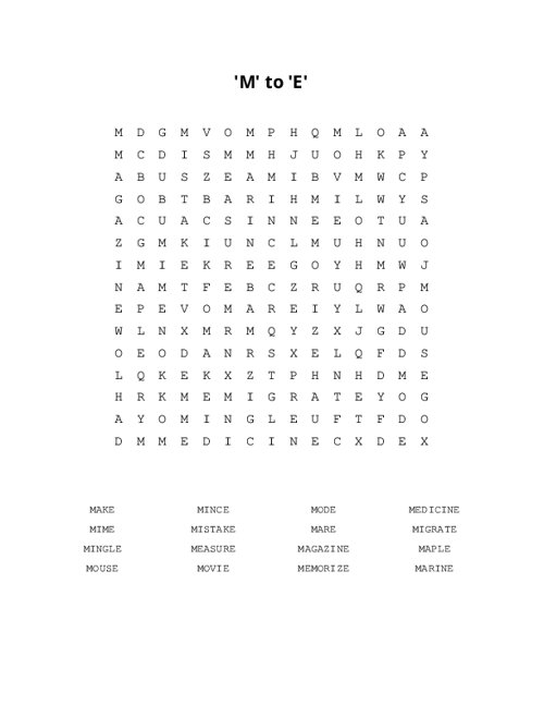 'M' to 'E' Word Search Puzzle