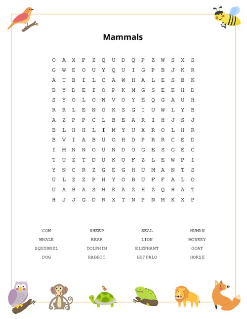 Mammals Word Search Puzzle