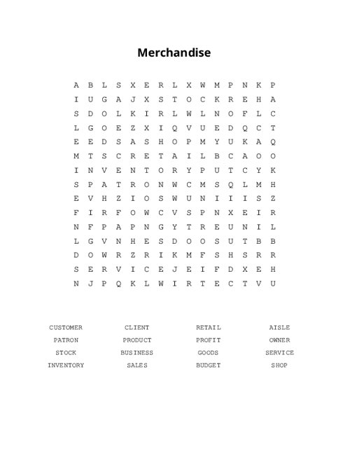 Merchandise Word Search Puzzle