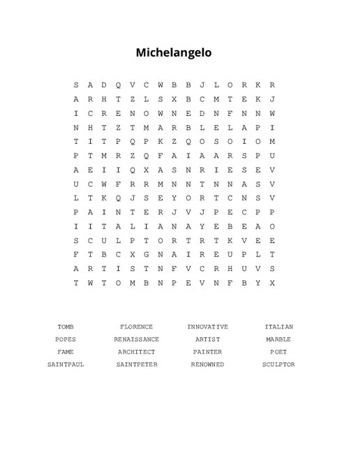 Michelangelo Word Search Puzzle
