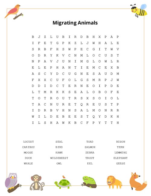 Migrating Animals Word Search Puzzle