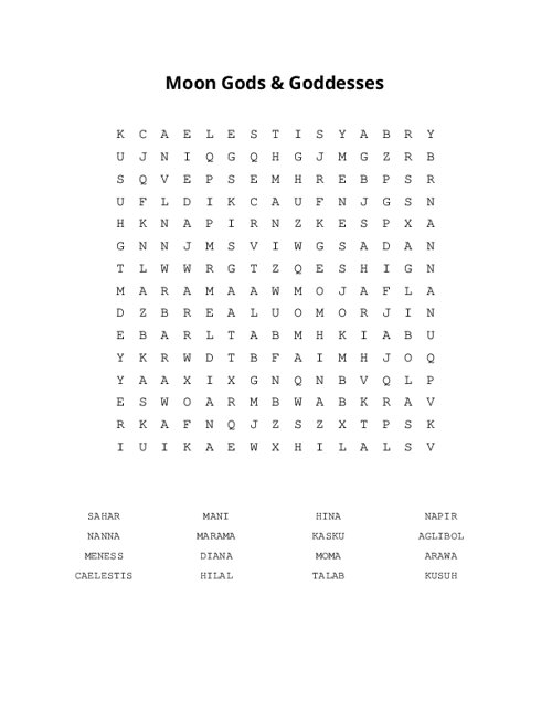 Moon Gods & Goddesses Word Search Puzzle