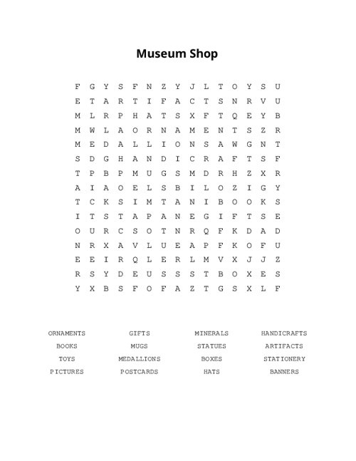 Museum Shop Word Search Puzzle