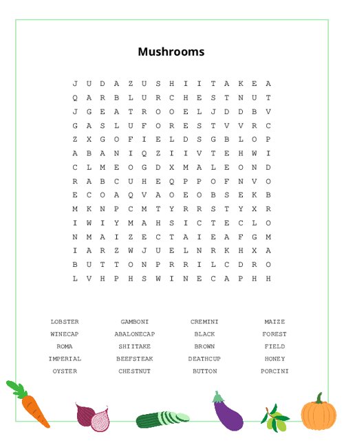 Mushrooms Word Search Puzzle