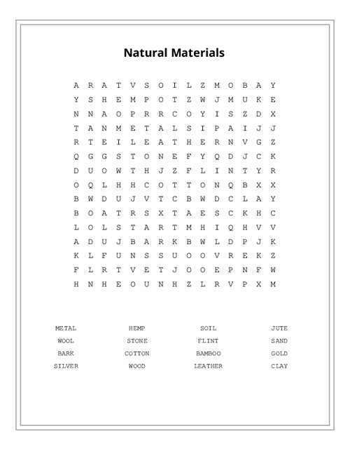 Natural Materials Word Search Puzzle