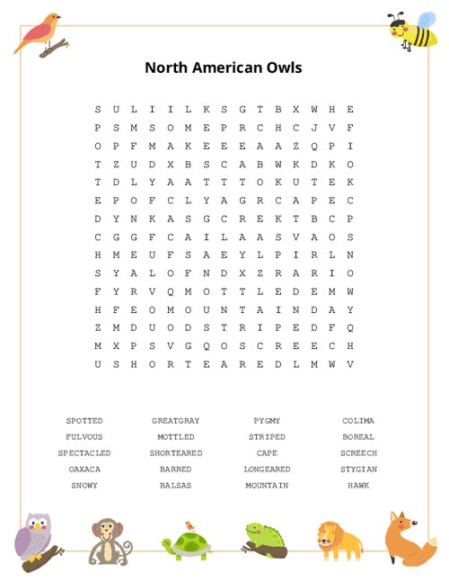 North American Owls Word Search Puzzle