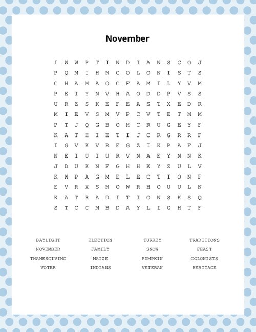 November Word Search Puzzle