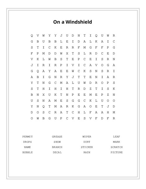 On a Windshield Word Search Puzzle