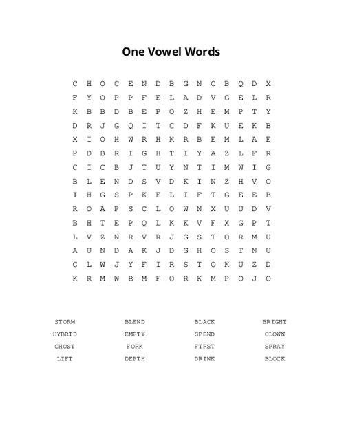 One Vowel Words Word Search Puzzle