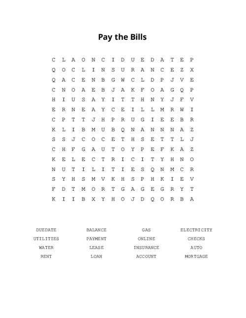 Pay the Bills Word Search Puzzle