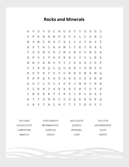 Rocks and Minerals Word Search Puzzle