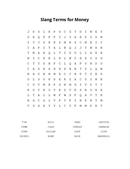 Slang Terms for Money Word Search Puzzle