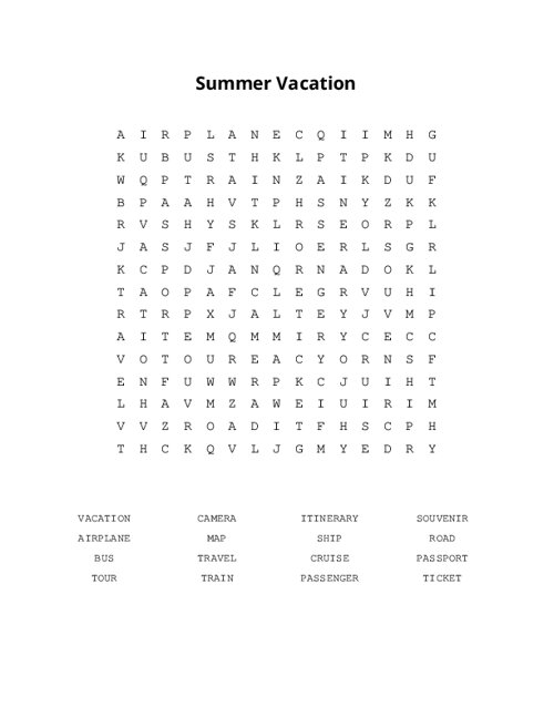 Summer Vacation Word Search Puzzle