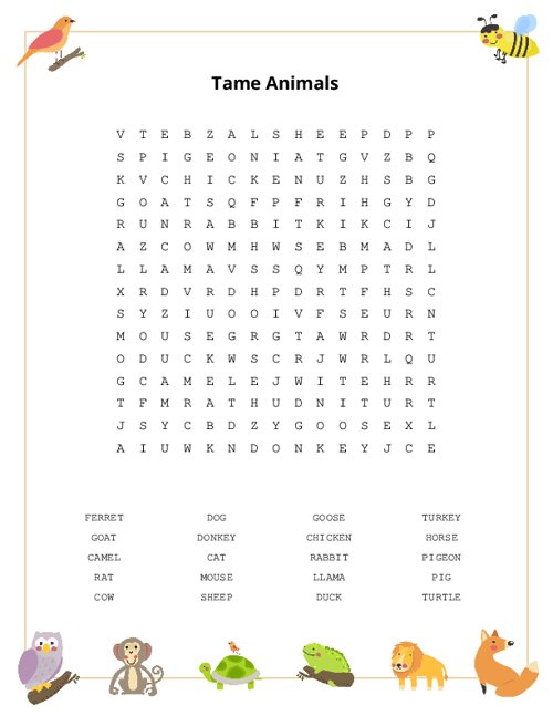 Tame Animals Word Search Puzzle