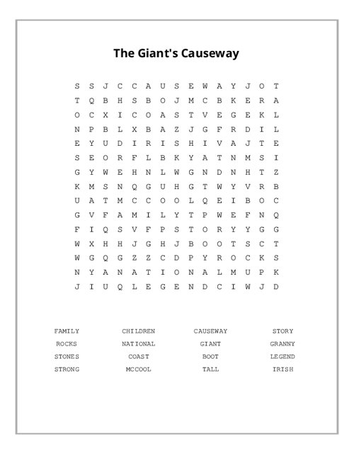 The Giant's Causeway Word Search Puzzle