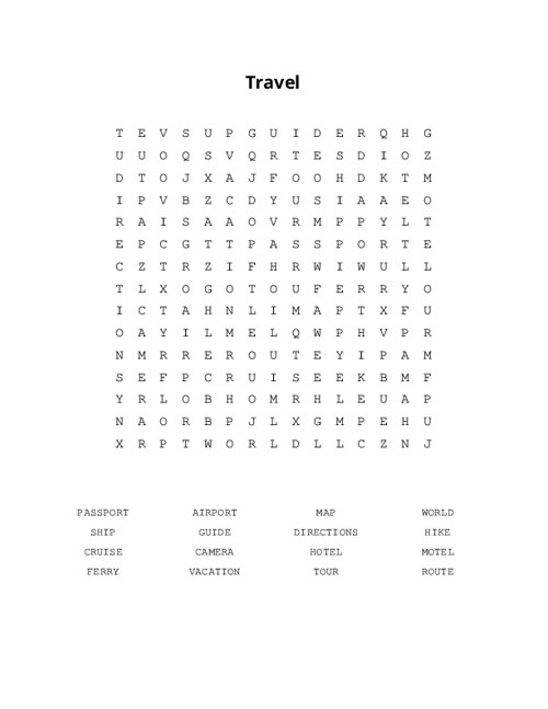 Travel Word Search Puzzle