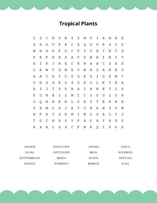 Tropical Plants Word Search Puzzle