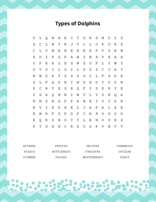 Types of Dolphins Word Search Puzzle