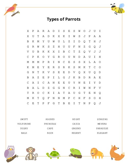 Types of Parrots Word Search Puzzle