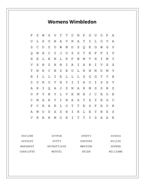 Womens Wimbledon Word Search Puzzle