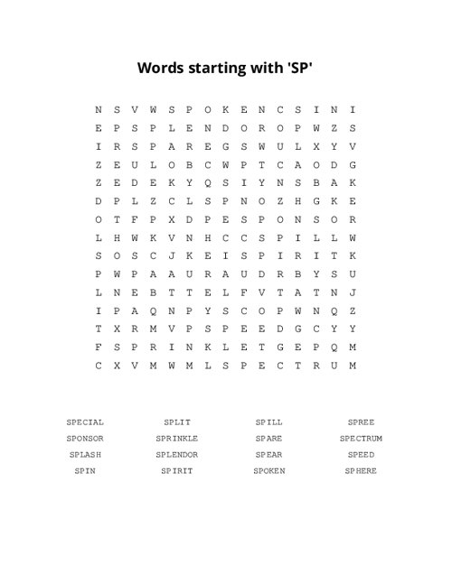 Words starting with 'SP' Word Search Puzzle