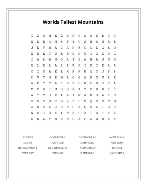 Worlds Tallest Mountains Word Search Puzzle