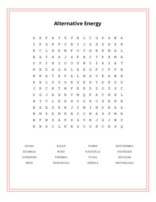 Alternative Energy Word Search Puzzle