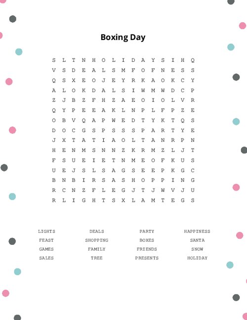 Boxing Day Word Search Puzzle