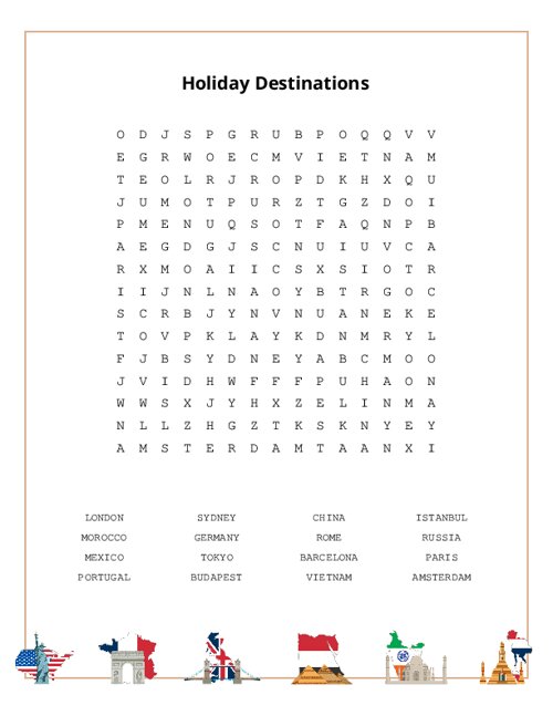 Holiday Destinations Word Search Puzzle