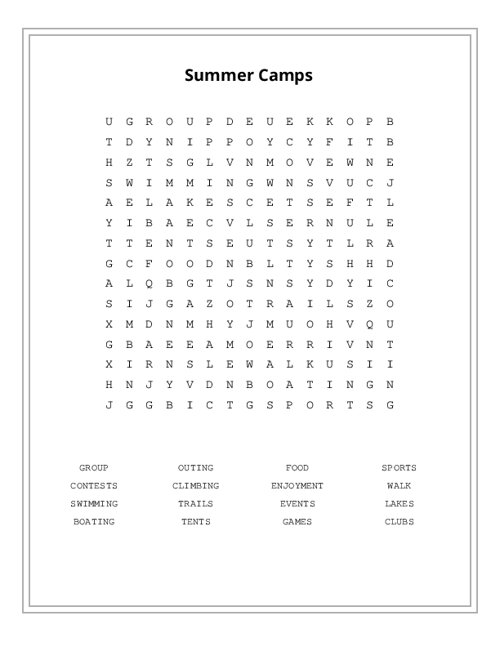 Summer Camps Word Search Puzzle