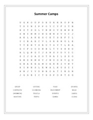 Summer Camps Word Search Puzzle
