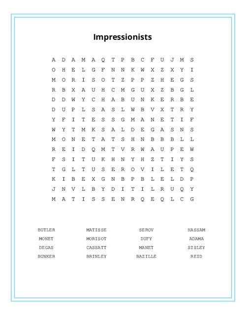 Impressionists Word Search Puzzle