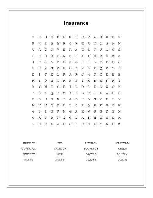 Insurance Word Search Puzzle