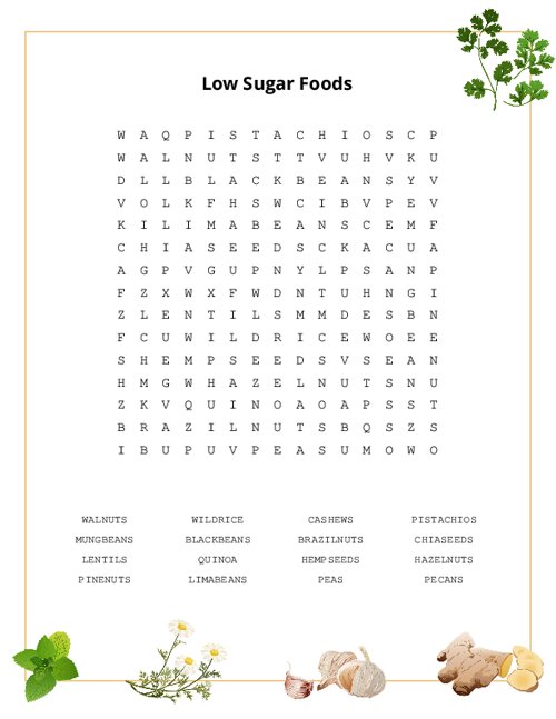 Low Sugar Foods Word Search Puzzle