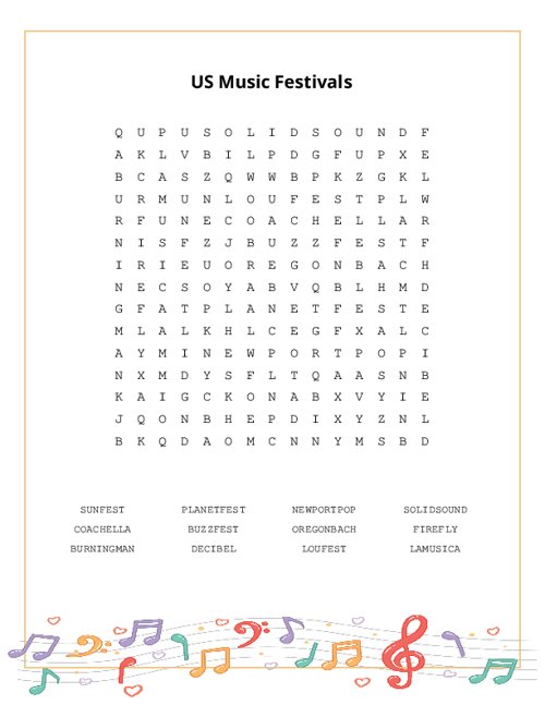 US Music Festivals Word Search Puzzle