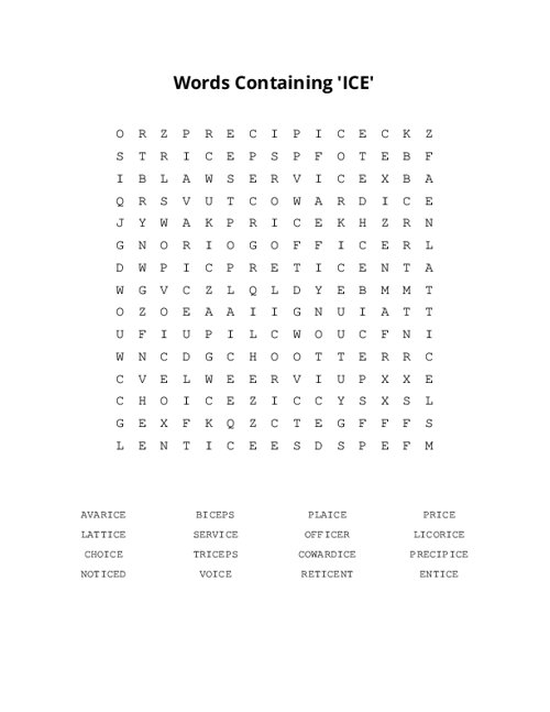 Words Containing 'ICE' Word Search Puzzle