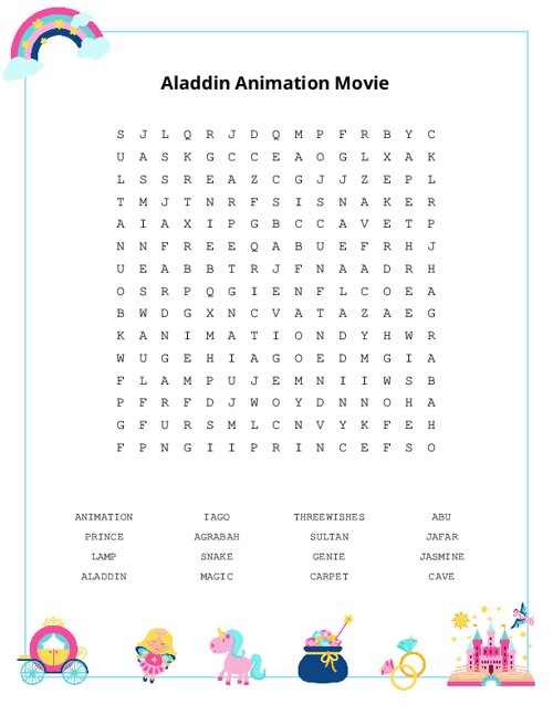 Aladdin Animation Movie Word Search Puzzle