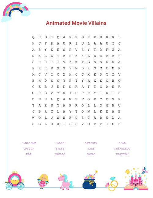 Animated Movie Villains Word Search Puzzle