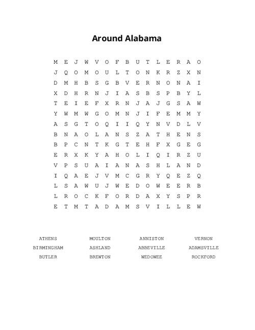 Around Alabama Word Search Puzzle