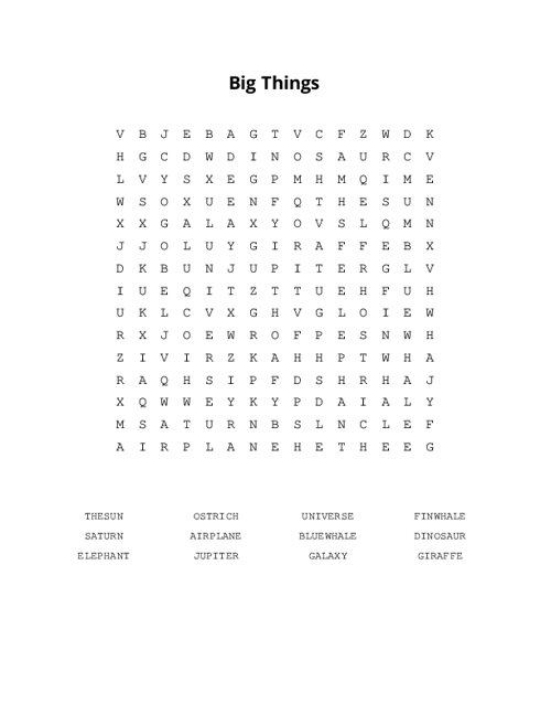 Big Things Word Search Puzzle