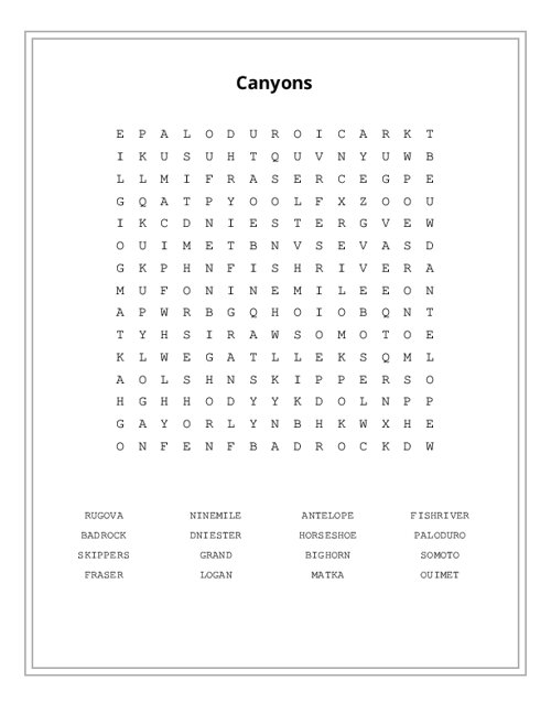 Canyons Word Search Puzzle