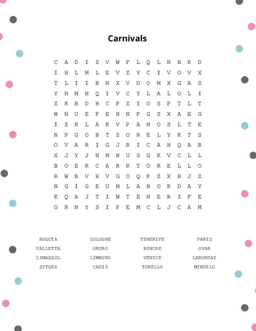 Carnivals Word Search Puzzle