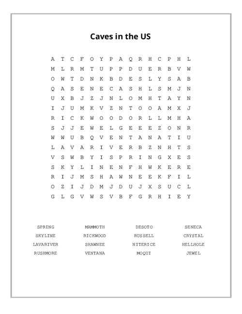 Caves in the US Word Search Puzzle