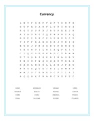 Currency Word Search Puzzle